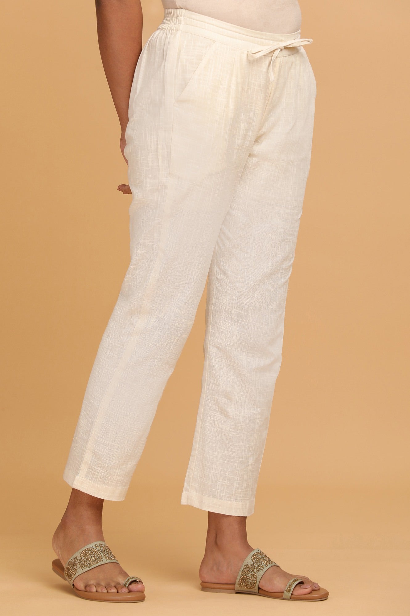 Ecru Solid Straight Pants