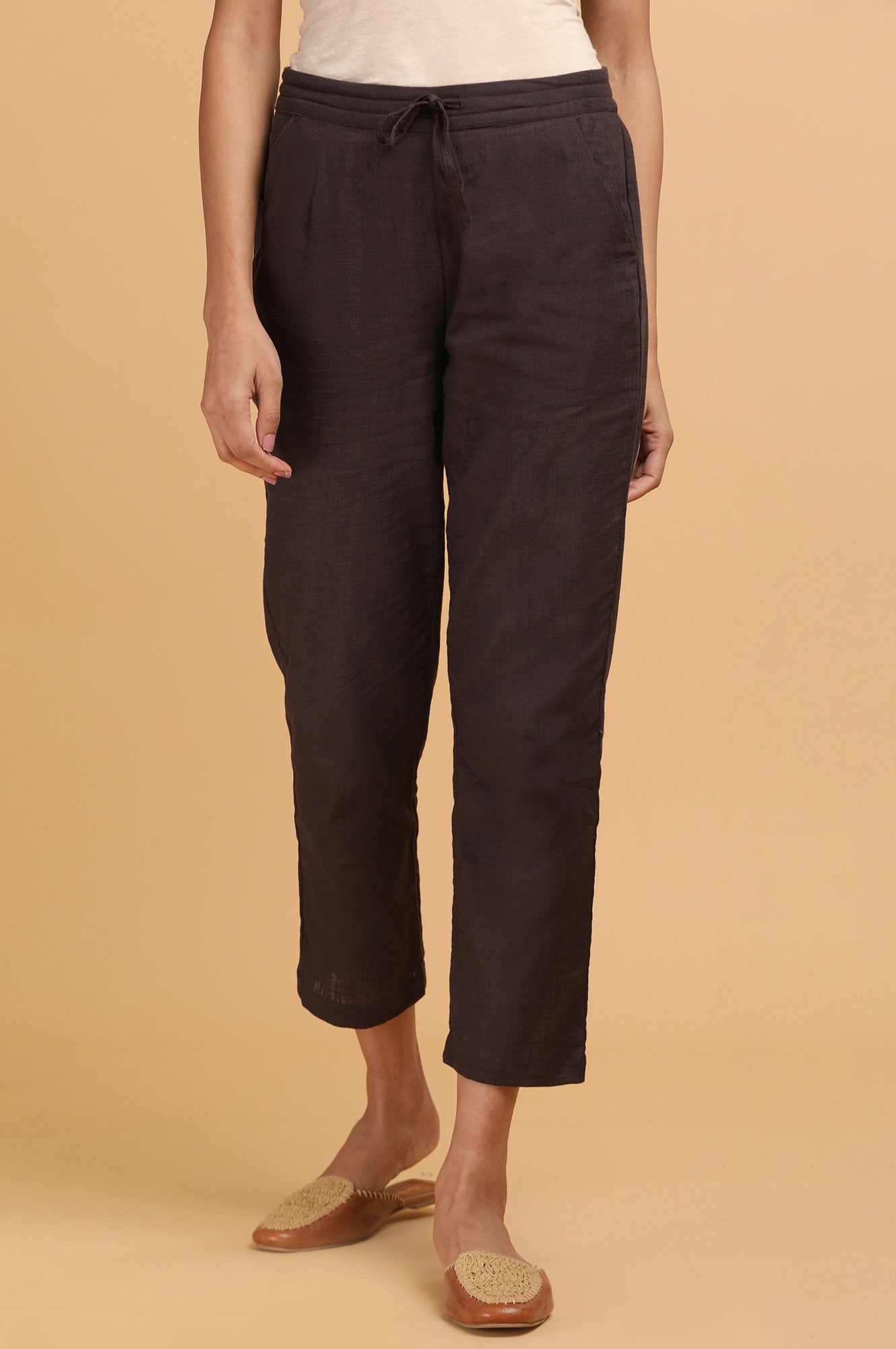 Dark Brown solid Straight Pants