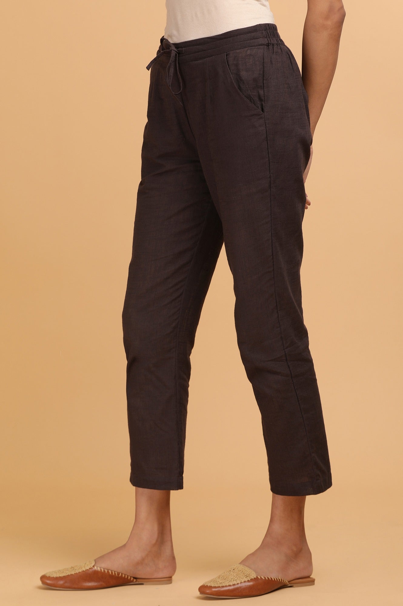 Dark Brown Solid Straight Pants