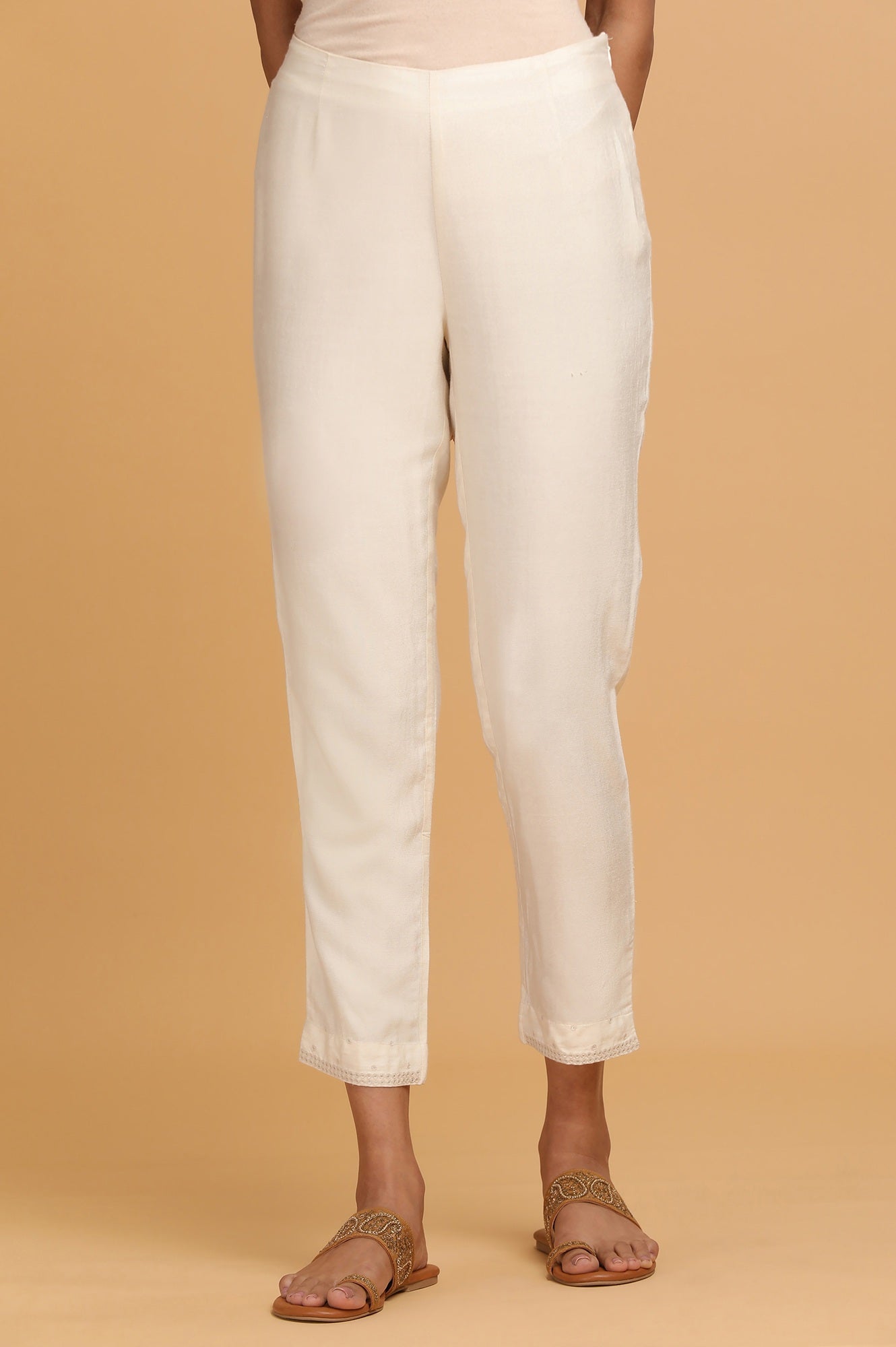 Ecru Solid Slim Pants