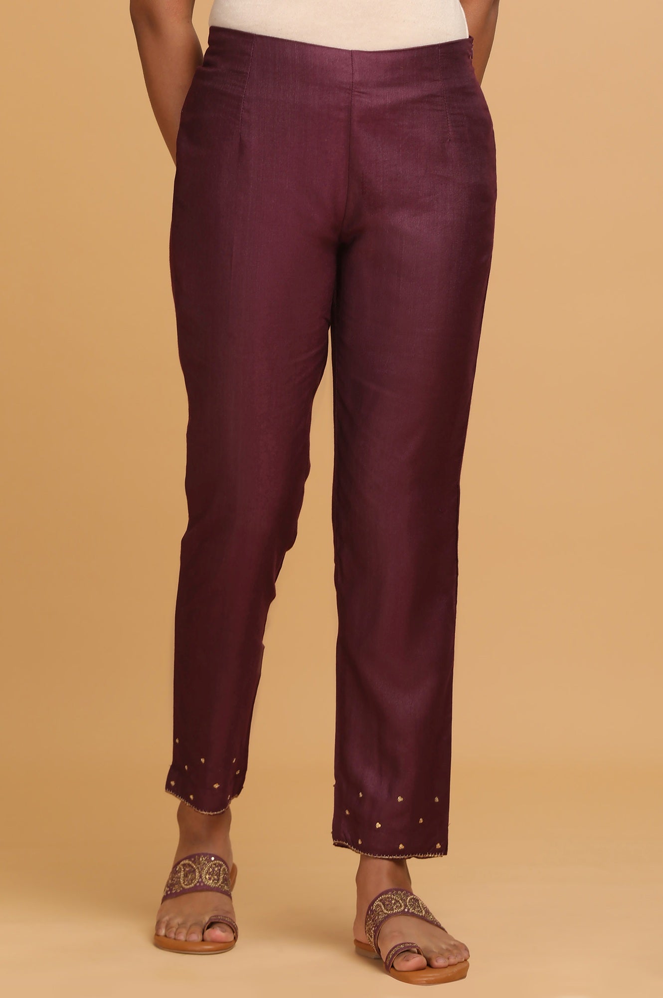 Wine Solid Slim Pants