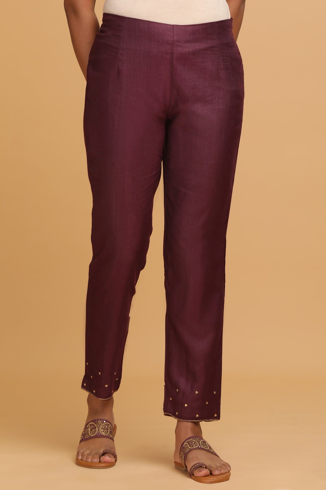 Purple Solid Slim Pants