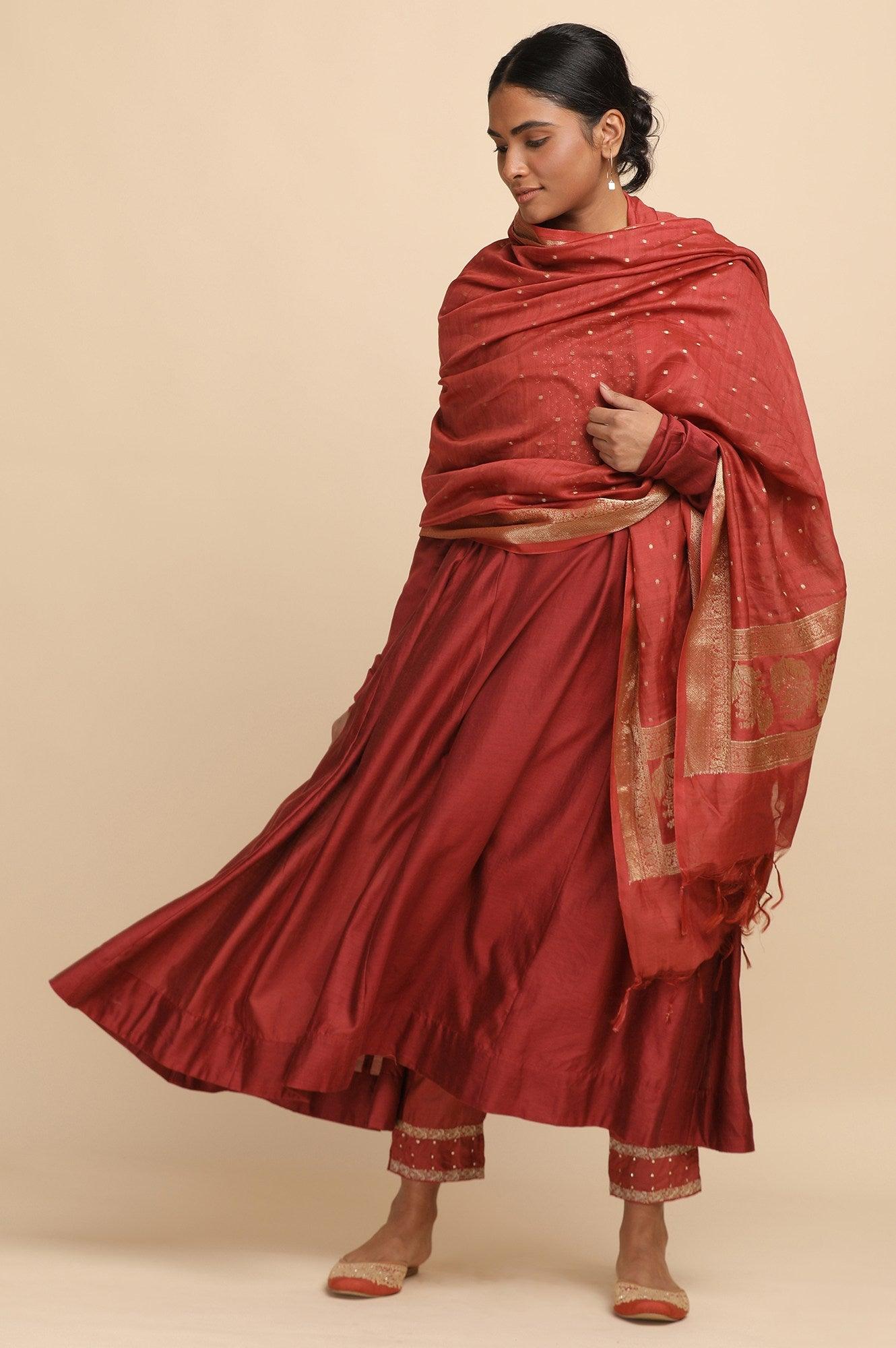 Red Cotton Silk Jacquard Drape - wforwoman