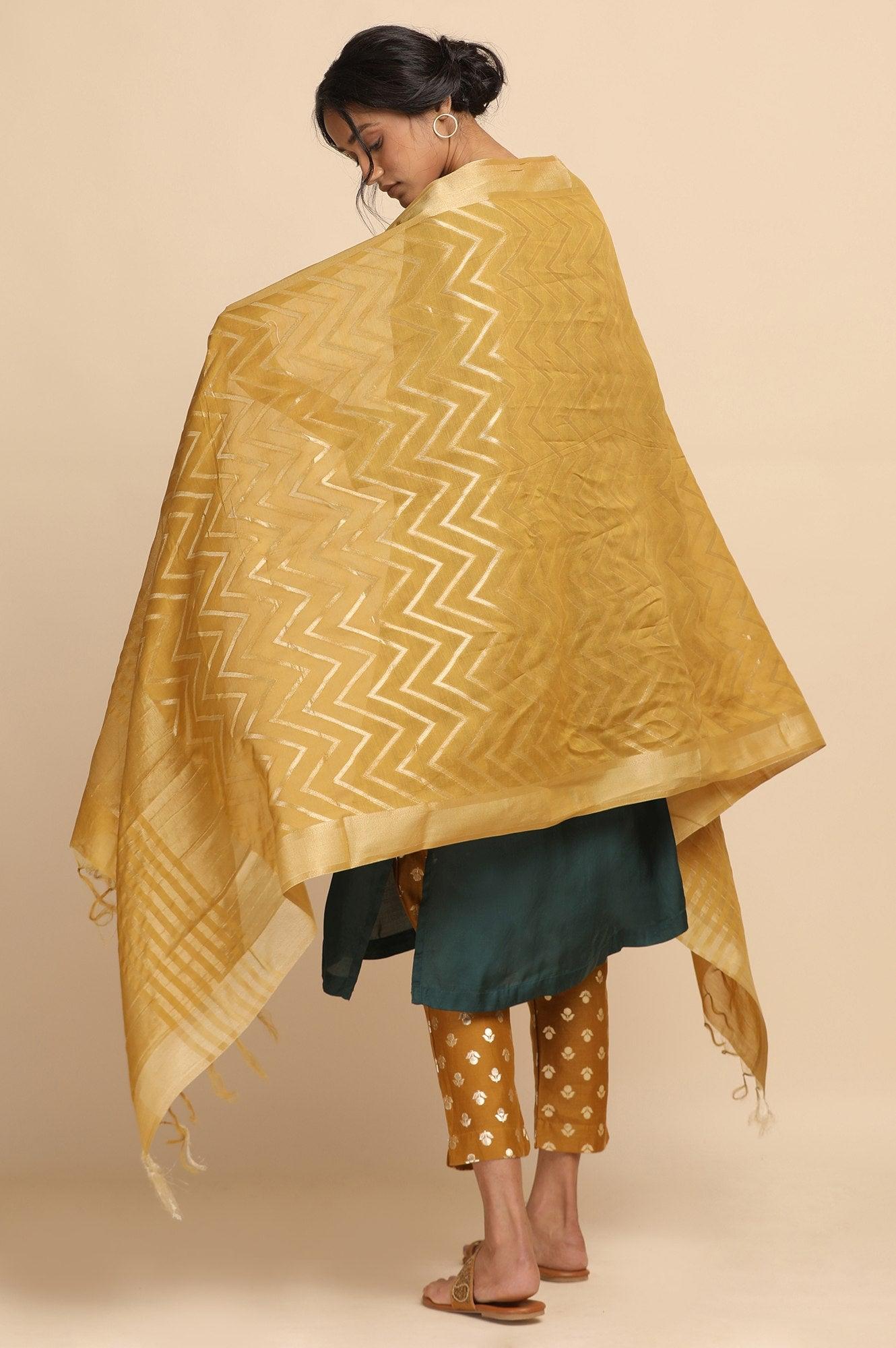 Mustard Cotton Silk Jacquard Drape - wforwoman