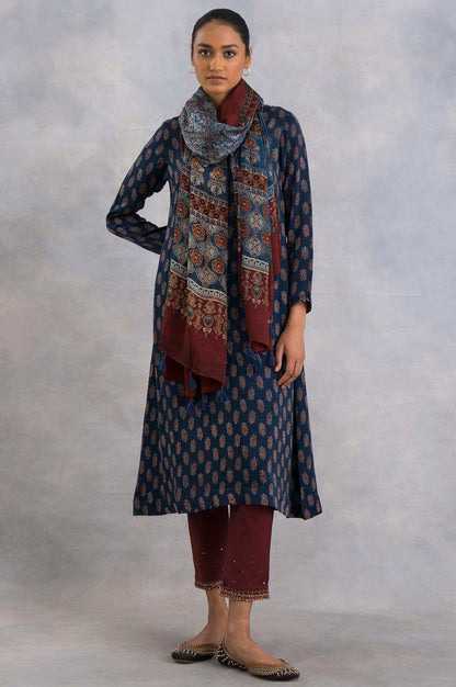 Red And Blue Ajrakh Printed Drape