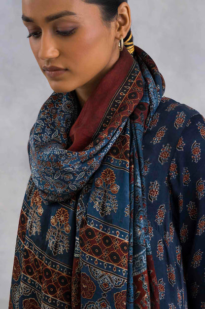 Red And Blue Ajrakh Printed Drape