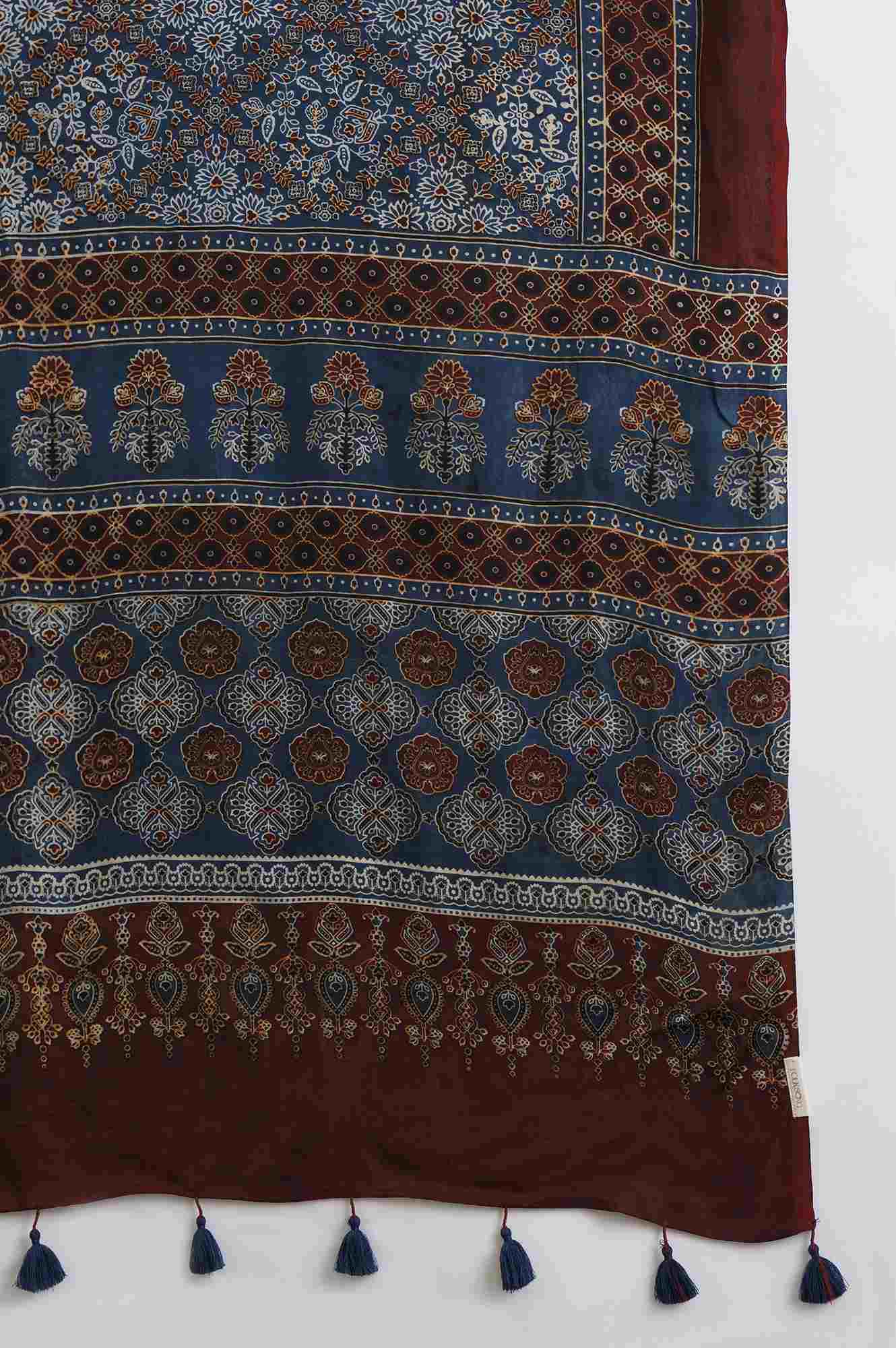 Red And Blue Ajrakh Printed Drape