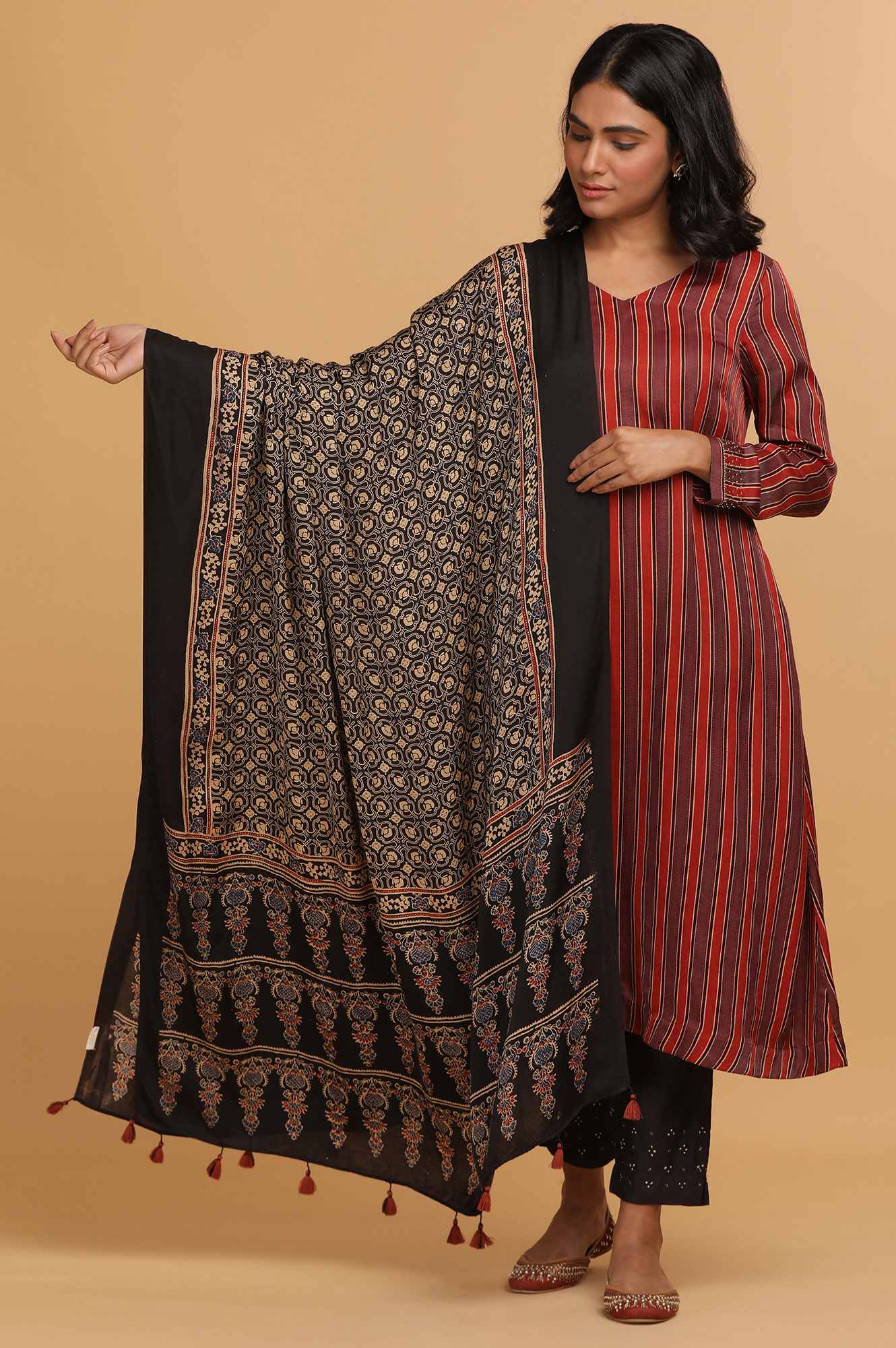 Dark Brown Ajrakh Printed Drape