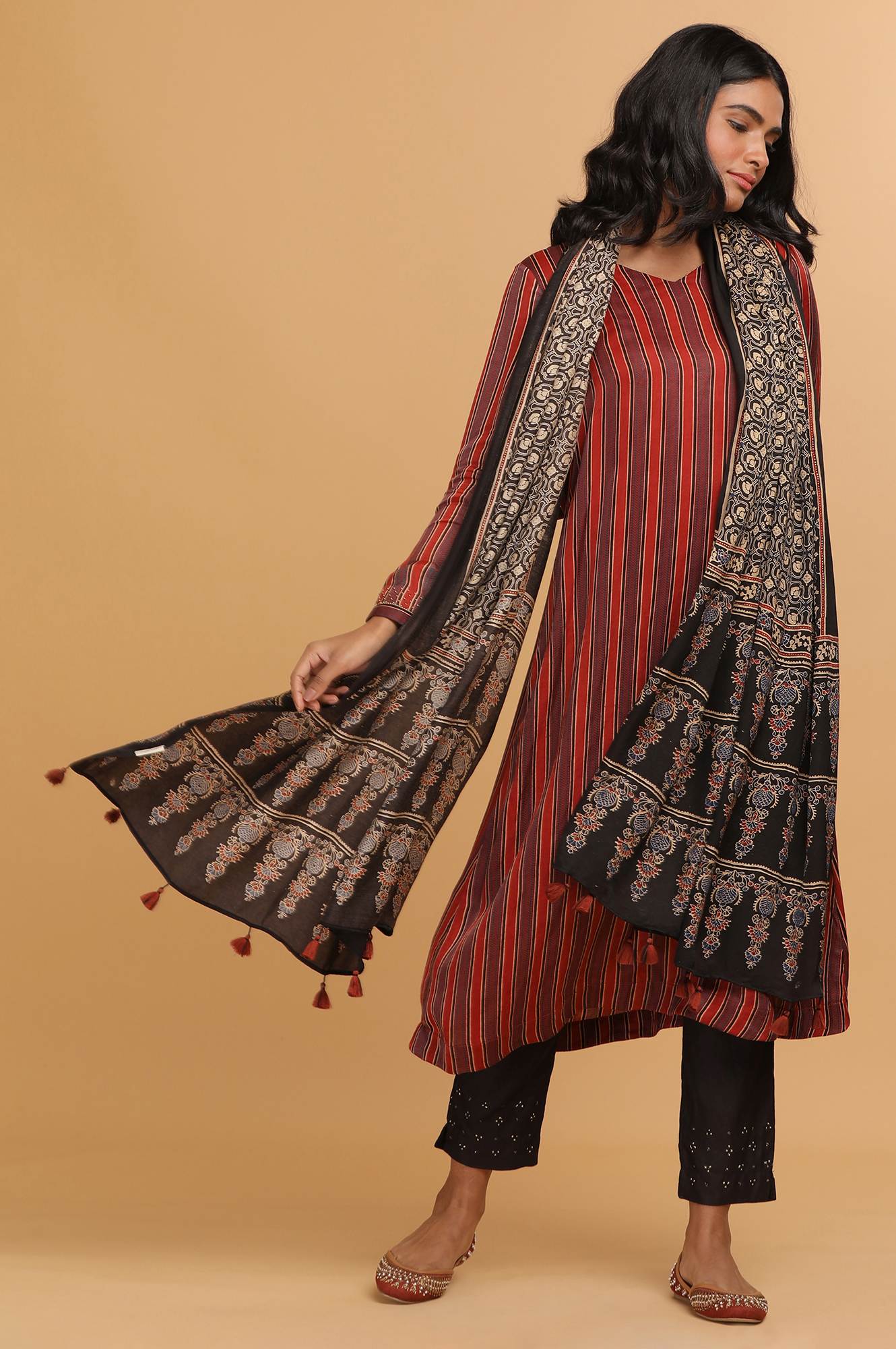 Dark Brown Ajrakh Printed Drape