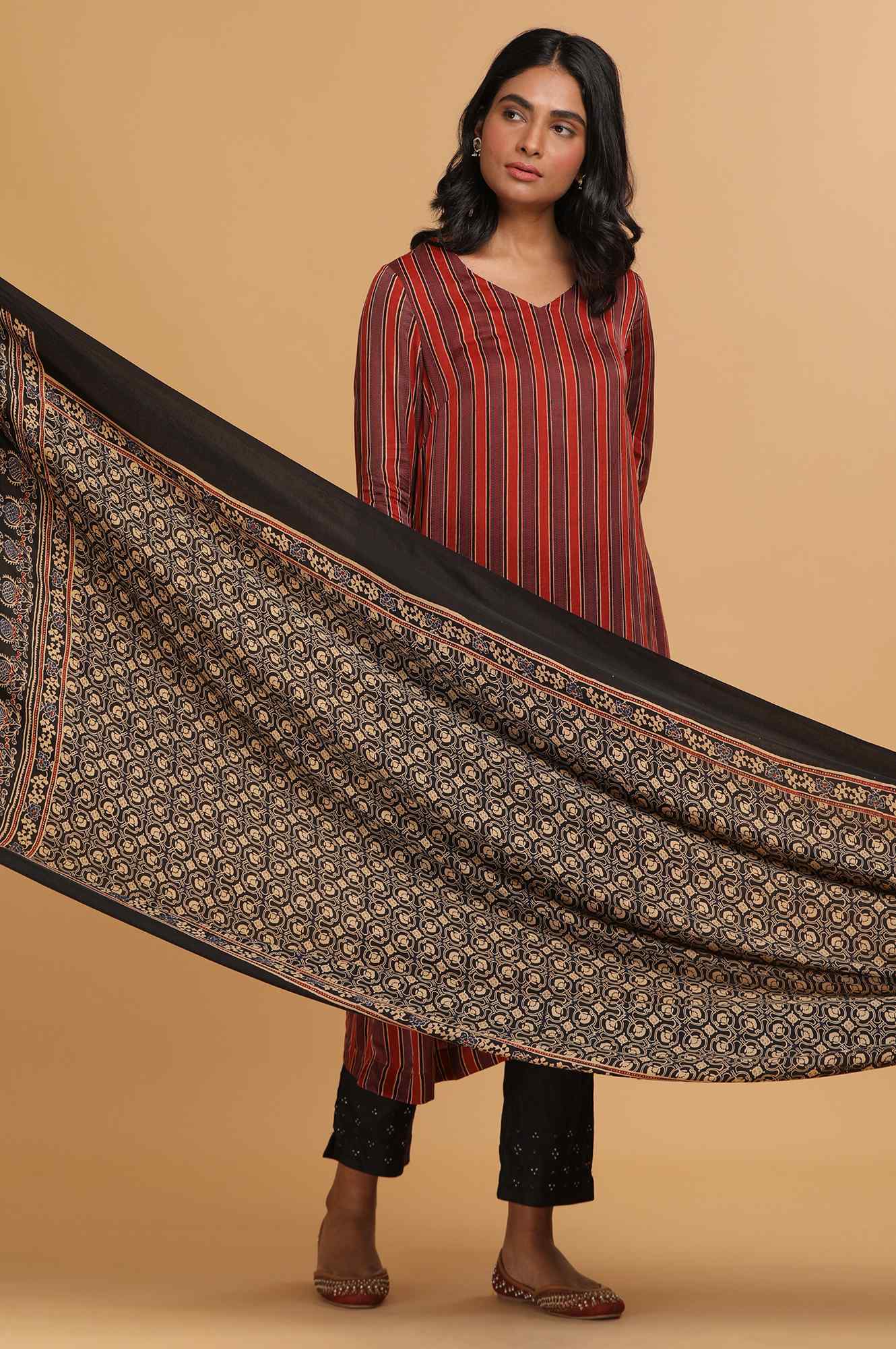 Dark Brown Ajrakh Printed Drape