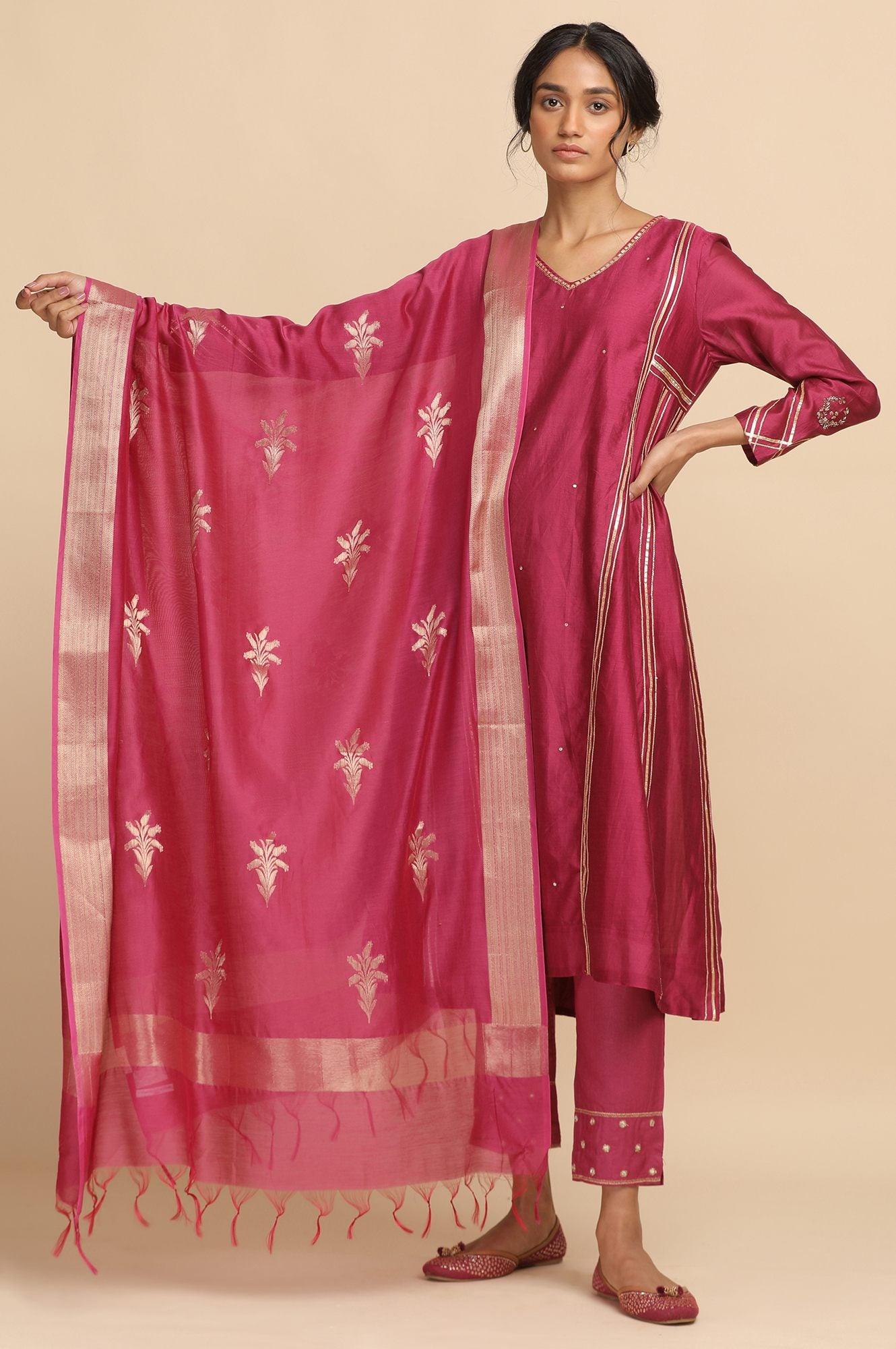 Bright Pink Cotton Silk Jacquard Drape - wforwoman