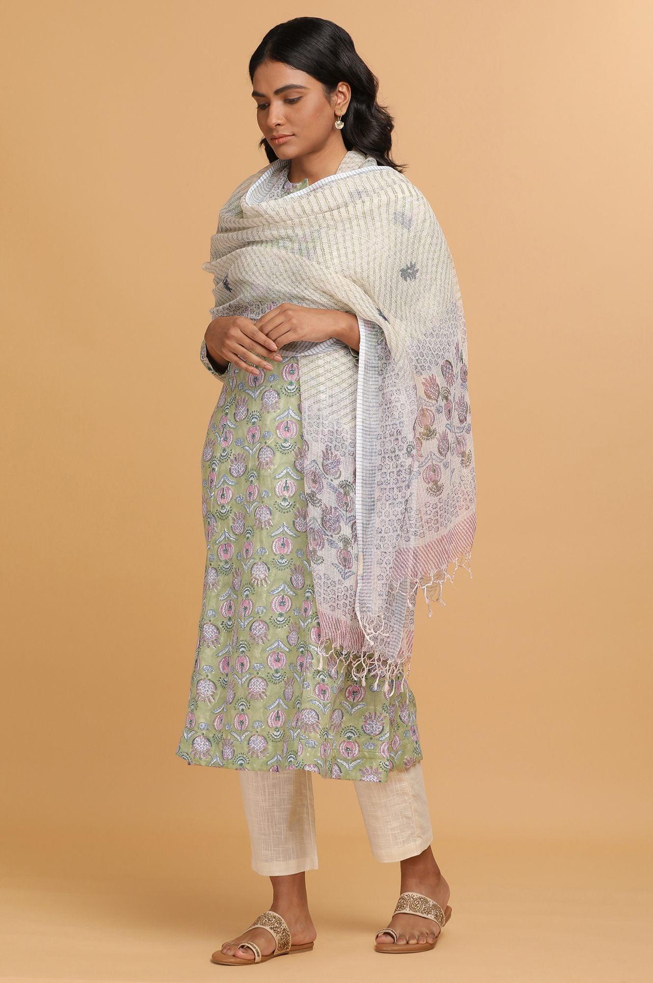 Ecru Block Printed Drape in Kota - wforwoman