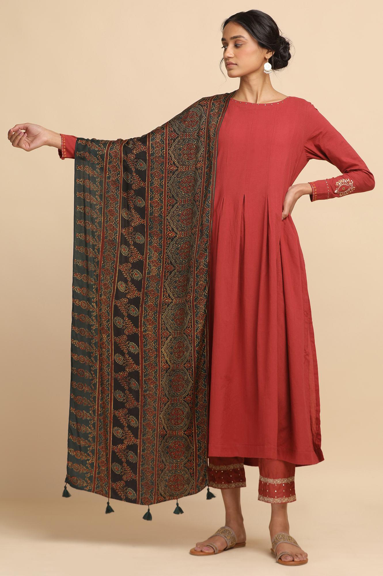 Green Ajrakh Printed Drape - wforwoman