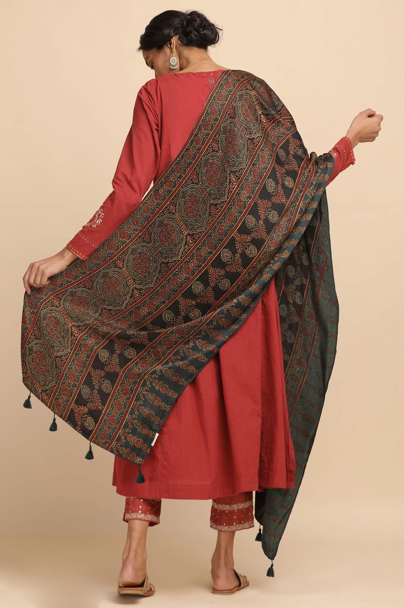 Green Ajrakh Printed Drape - wforwoman