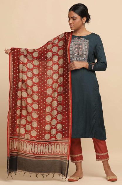 Red Cotton Silk Block Printed Drape - wforwoman