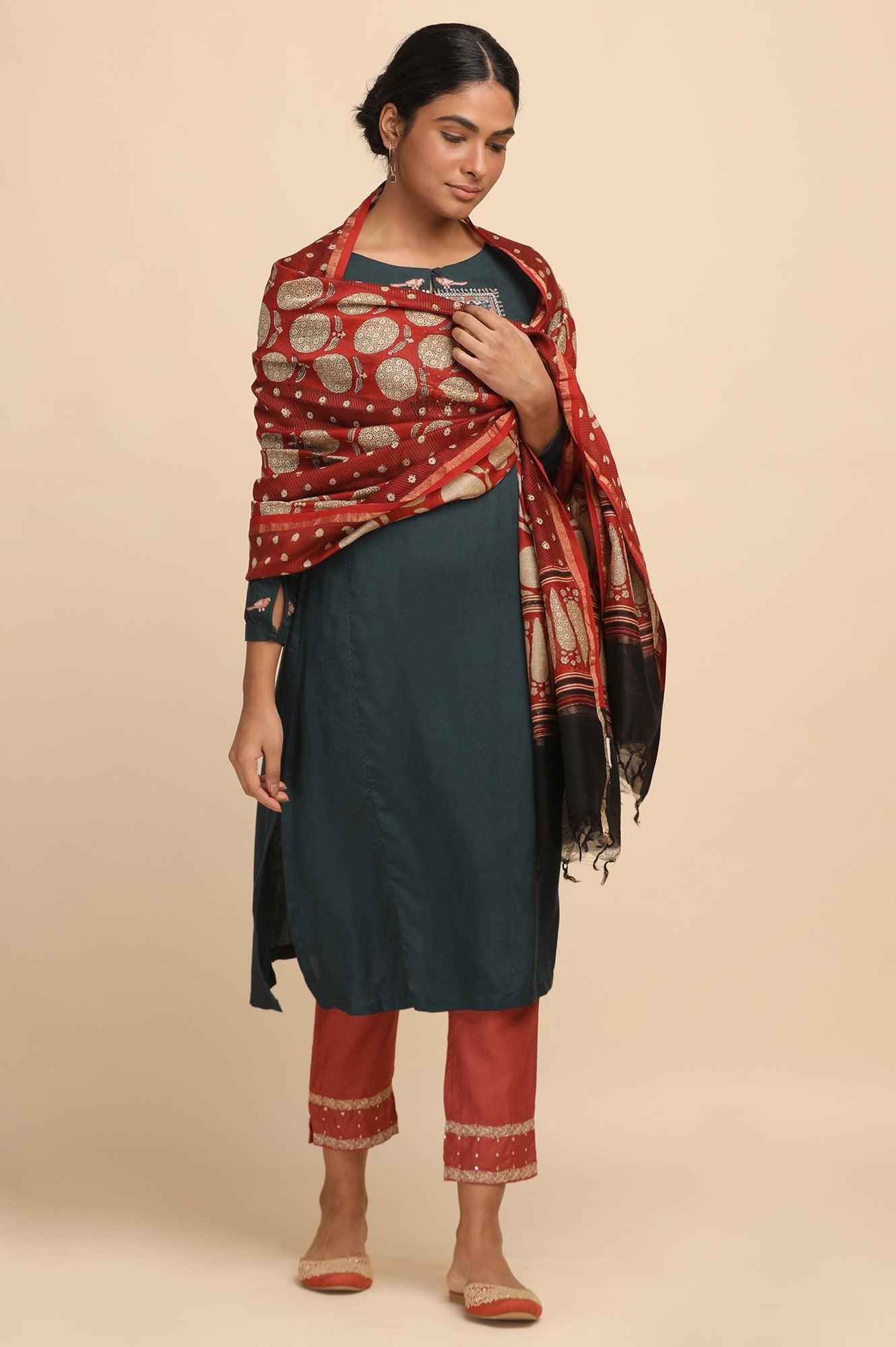 Red Cotton Silk Block Printed Drape - wforwoman