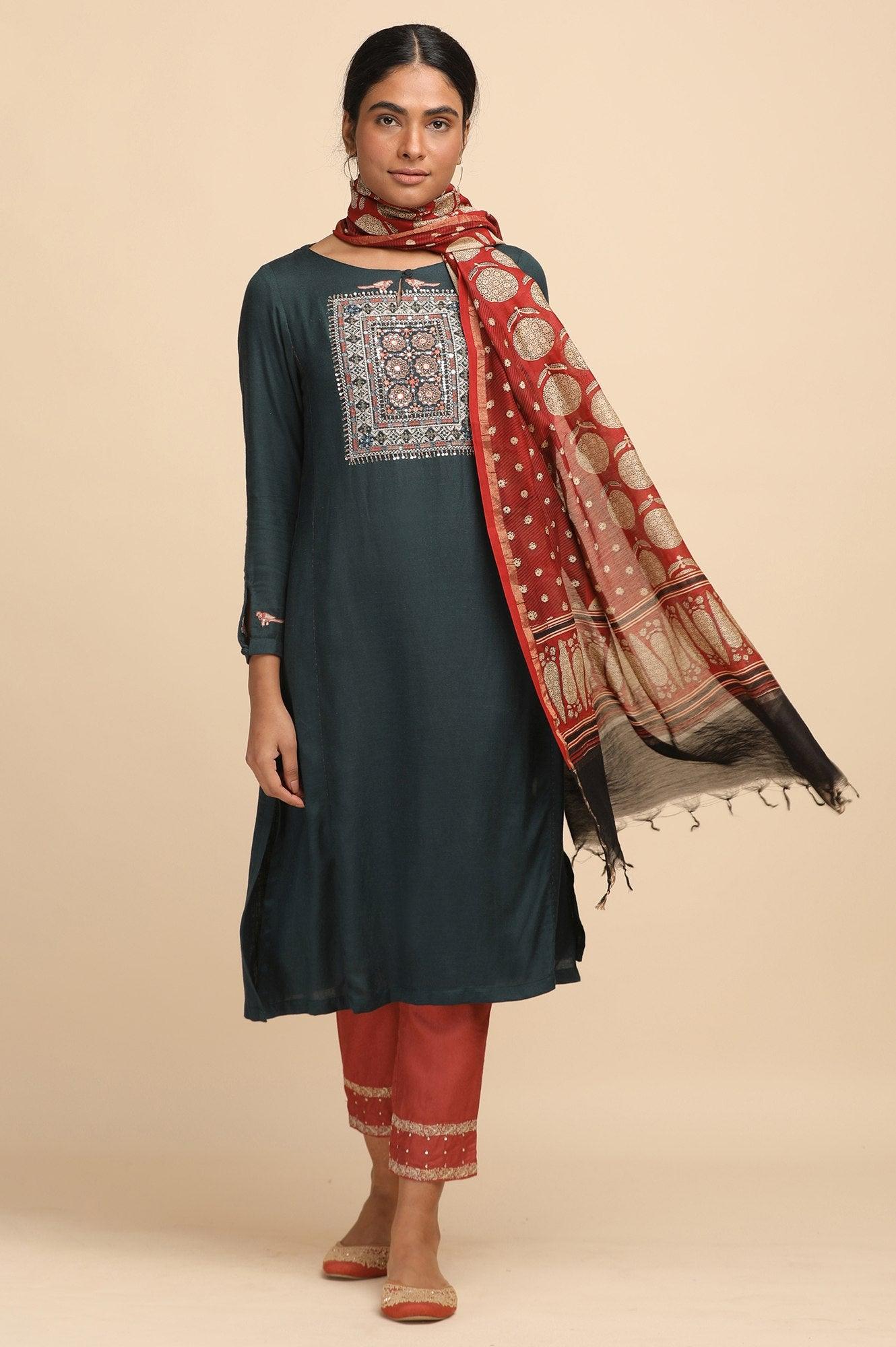 Red Cotton Silk Block Printed Drape - wforwoman