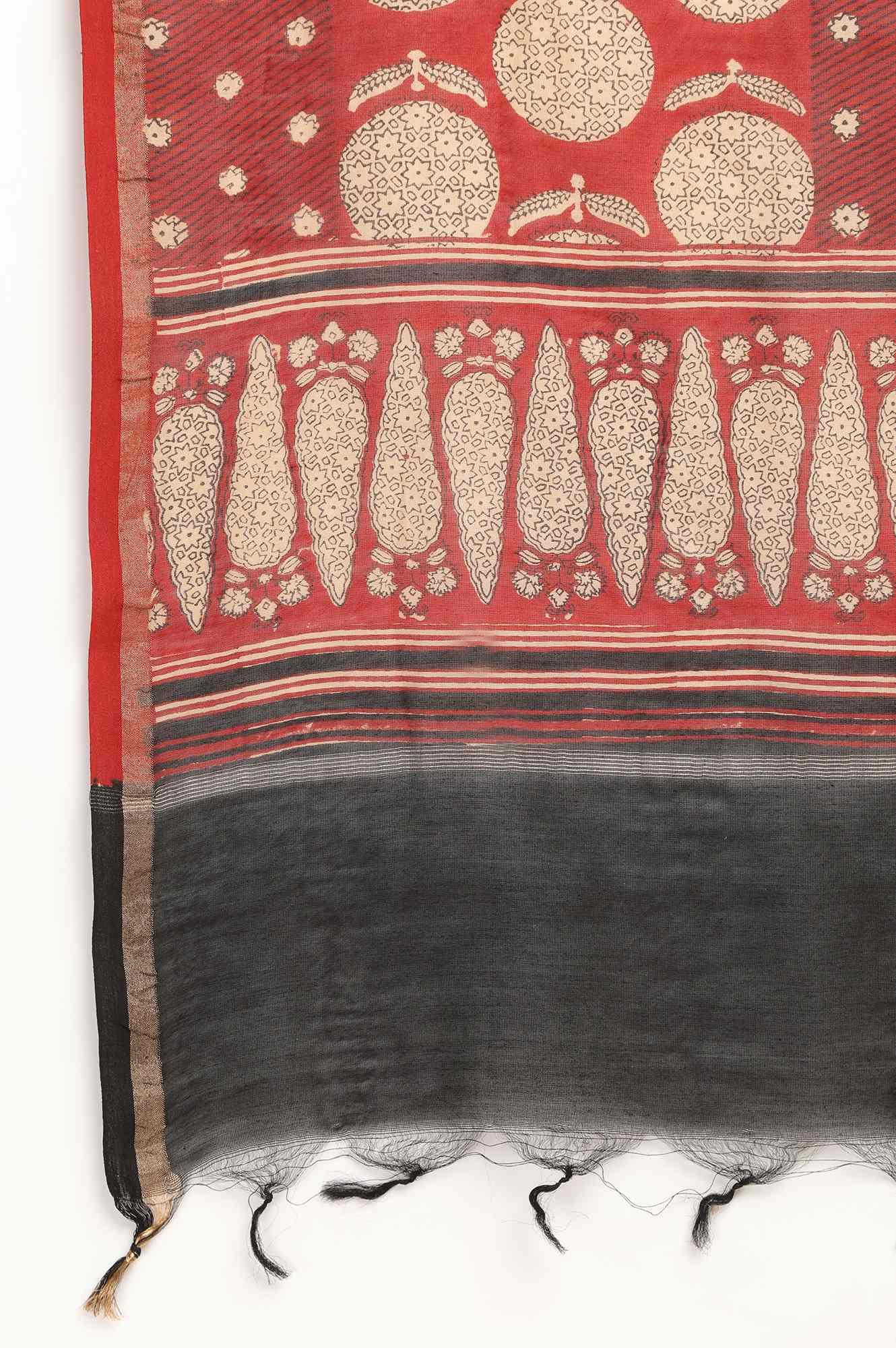 Red Cotton Silk Block Printed Drape - wforwoman