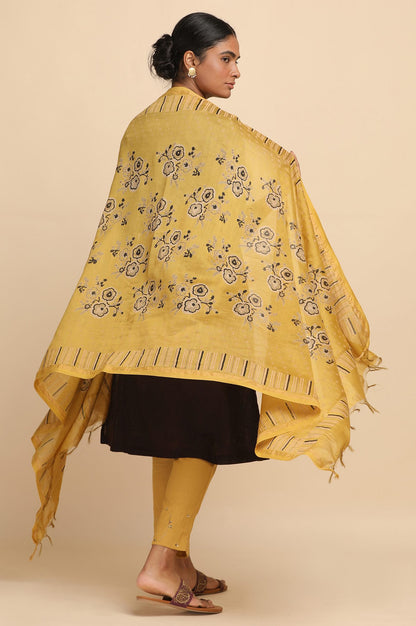 Yellow Cotton Silk Block Printed Drape