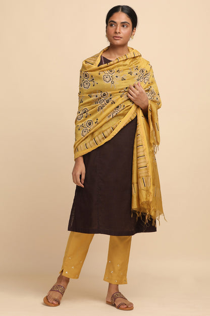 Yellow Cotton Silk Block Printed Drape