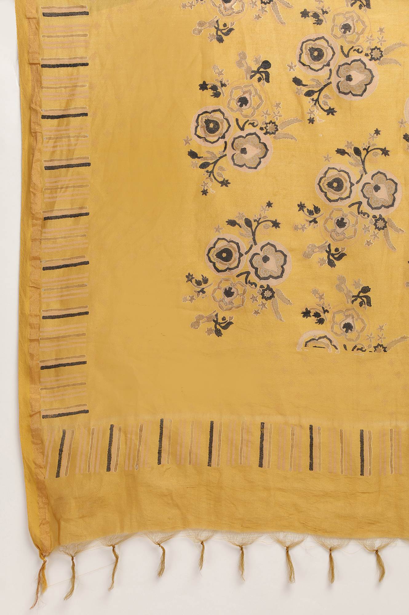 Yellow Cotton Silk Block Printed Drape