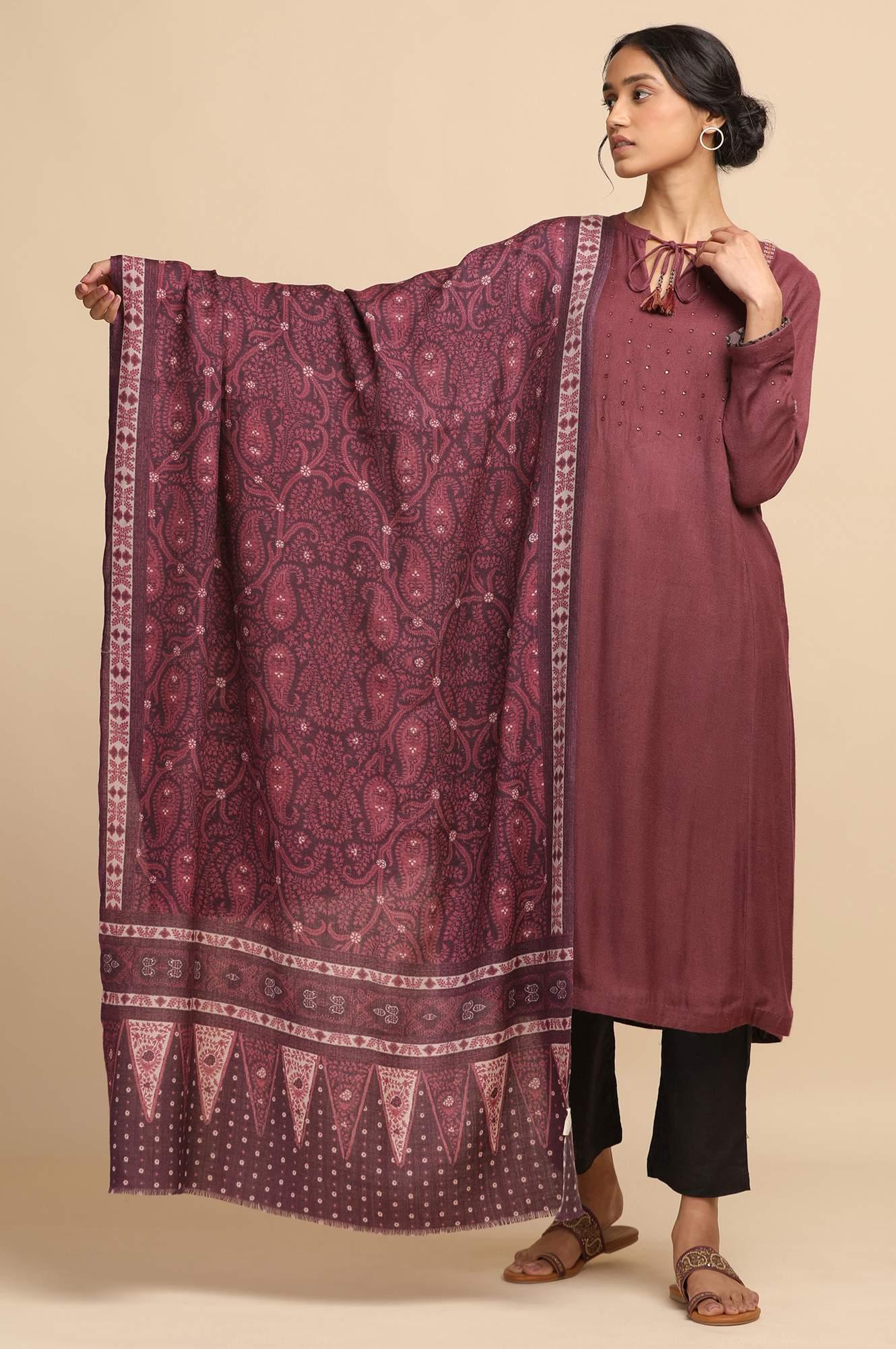 Dark Plum Woollen Printed Shawl - wforwoman