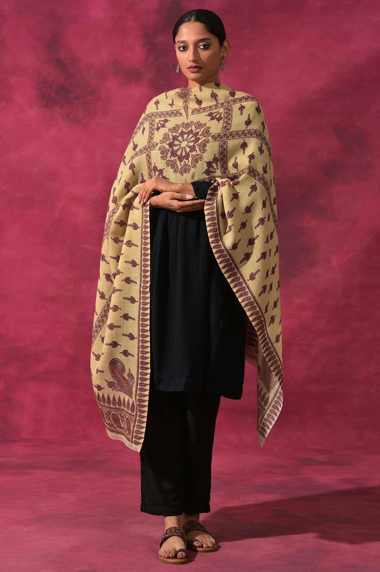 Ecru Paisley Print Woollen Shawl - wforwoman