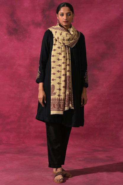 Ecru Paisley Print Woollen Shawl - wforwoman