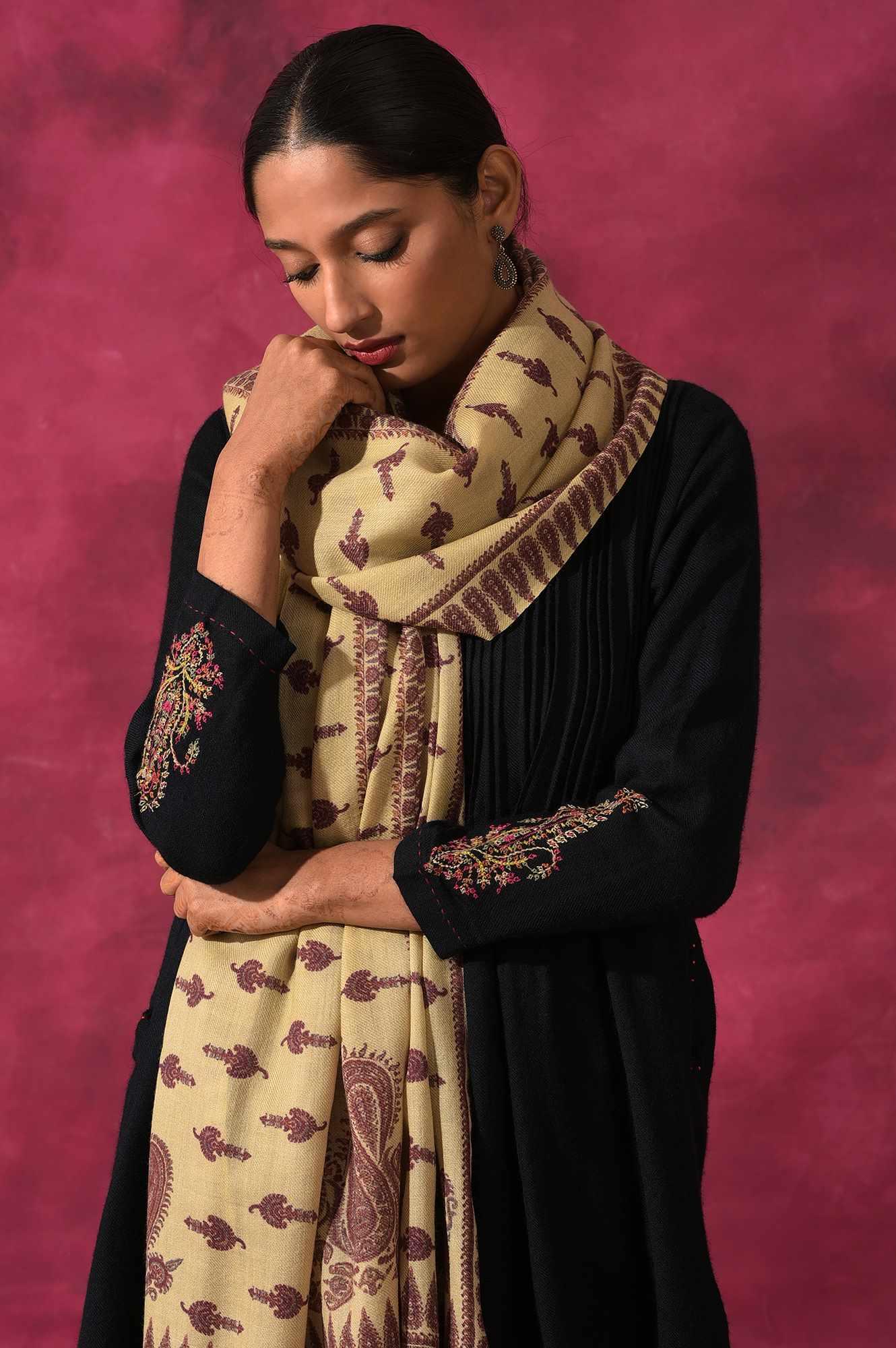 Ecru Paisley Print Woollen Shawl - wforwoman