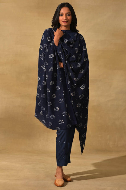 Blue Booti Printed Woollen Shawl - wforwoman