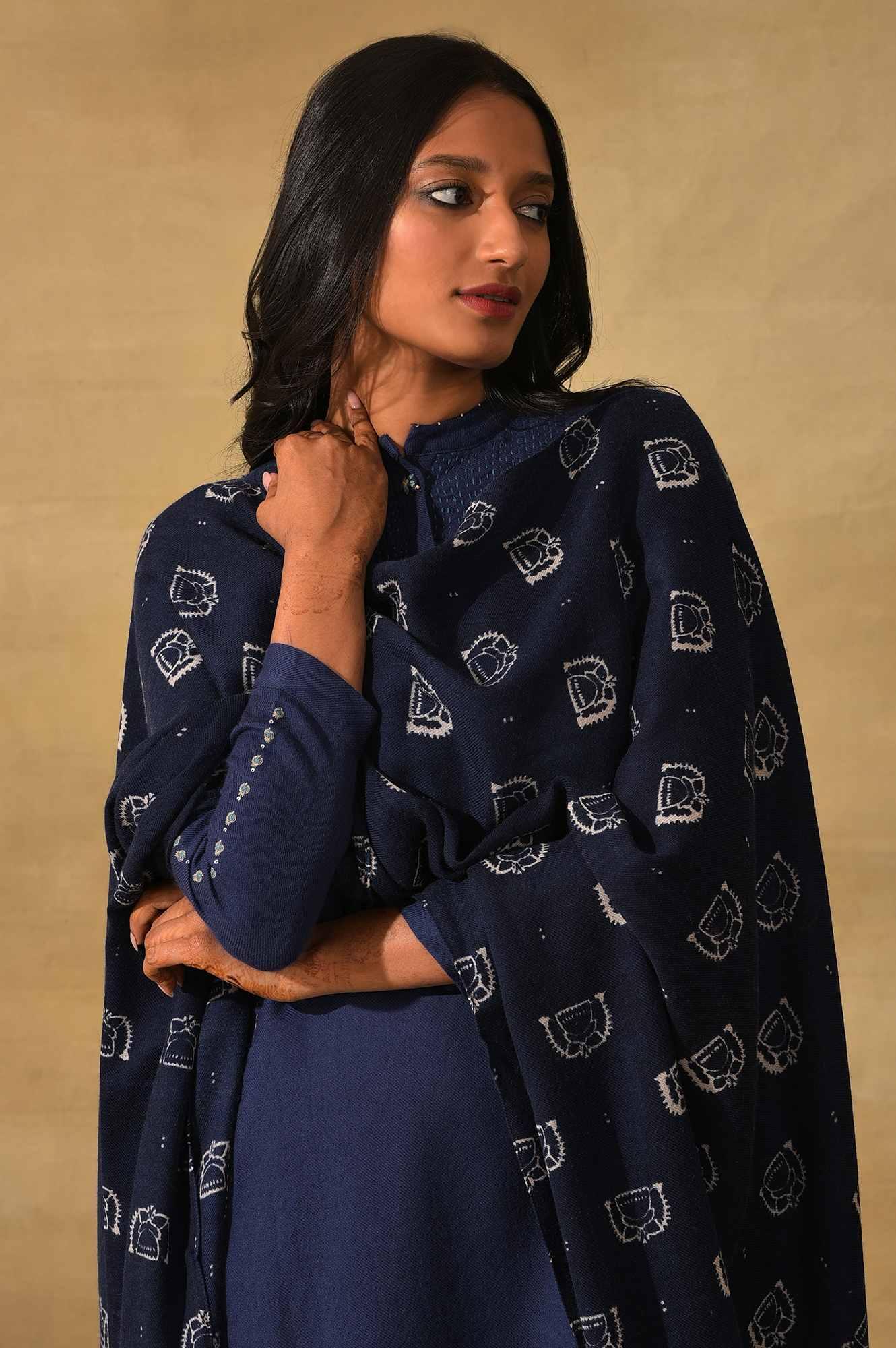 Blue Booti Printed Woollen Shawl - wforwoman