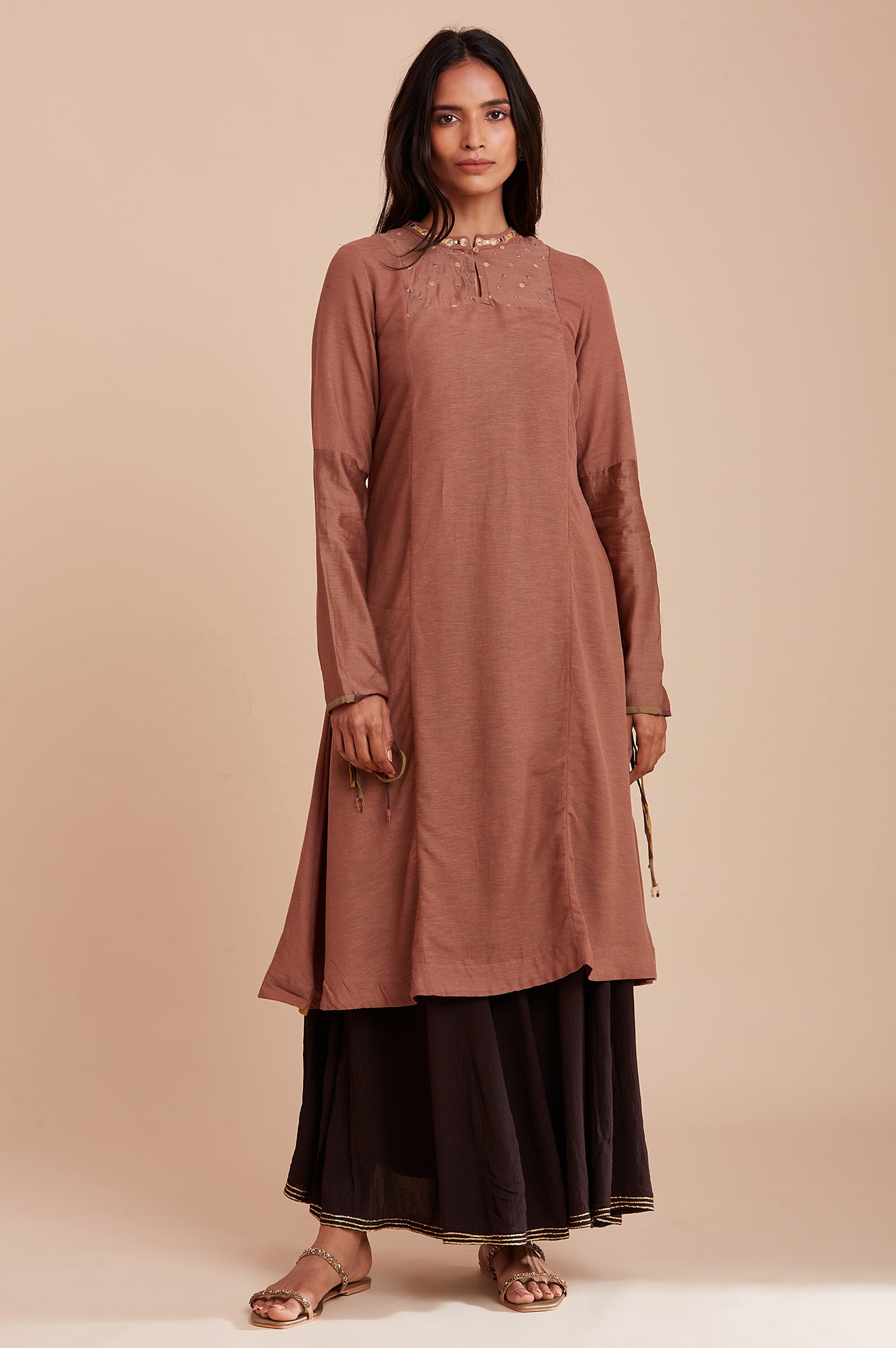 Brown Panelled Embroidered Neck kurta