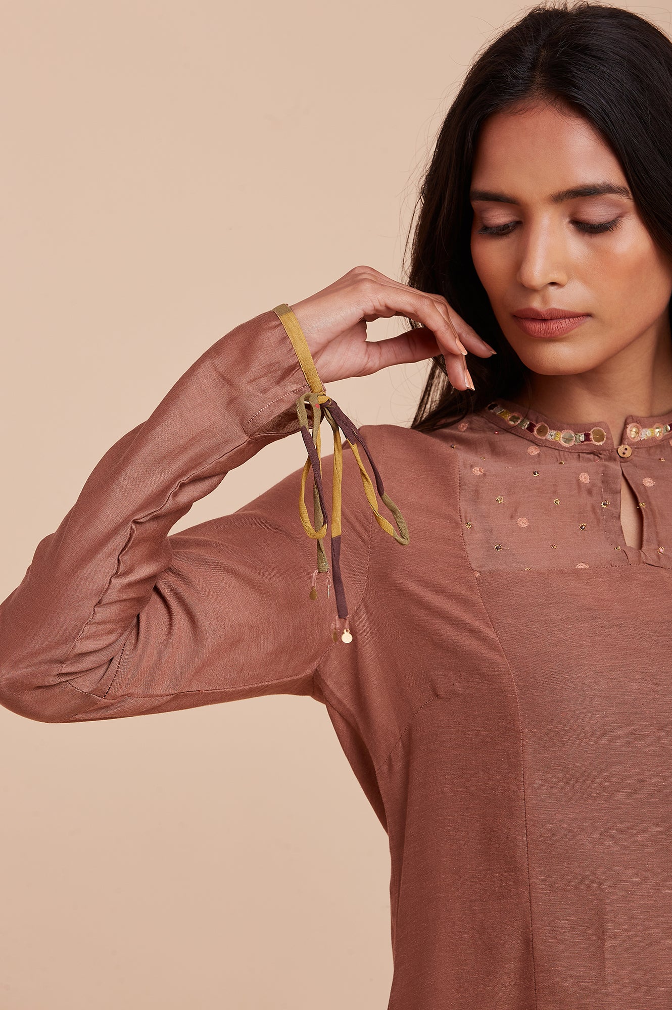 Brown Panelled Embroidered Neck kurta