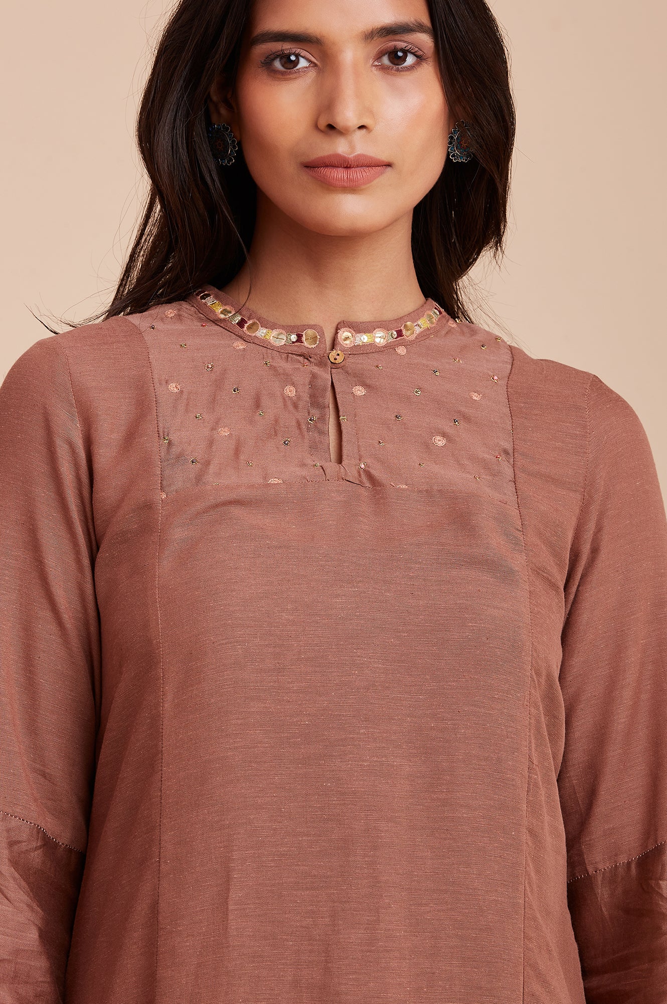 Brown Panelled Embroidered Neck kurta