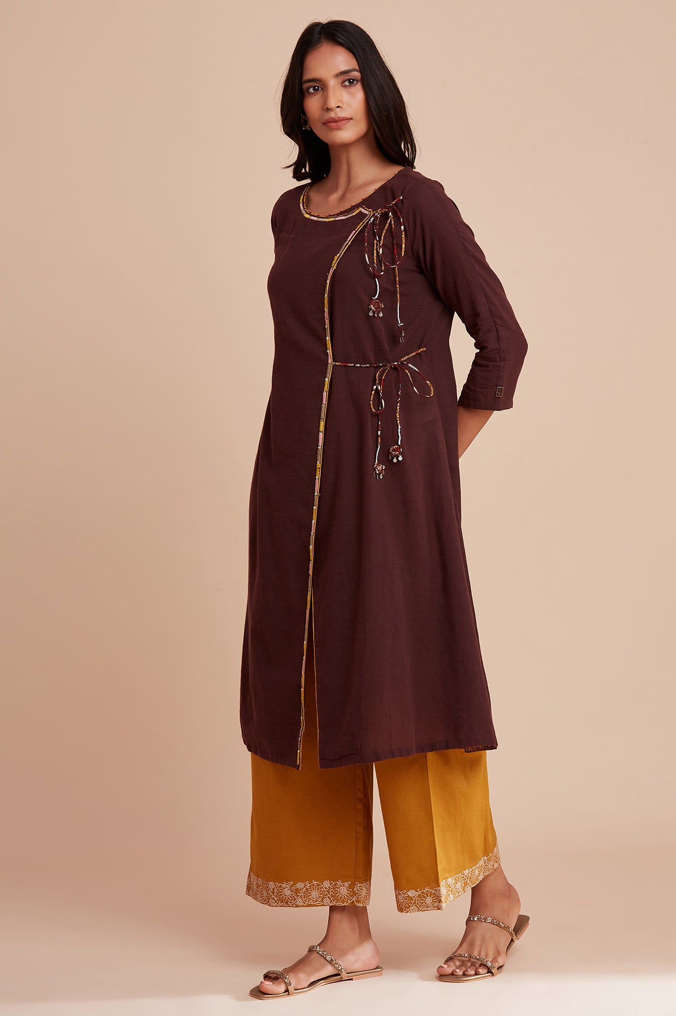 Brown Wrapped cotton kurta with tie up detail