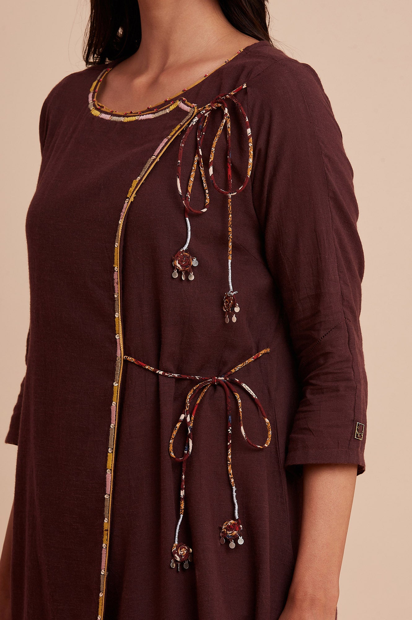 Brown Wrapped cotton kurta with tie up detail