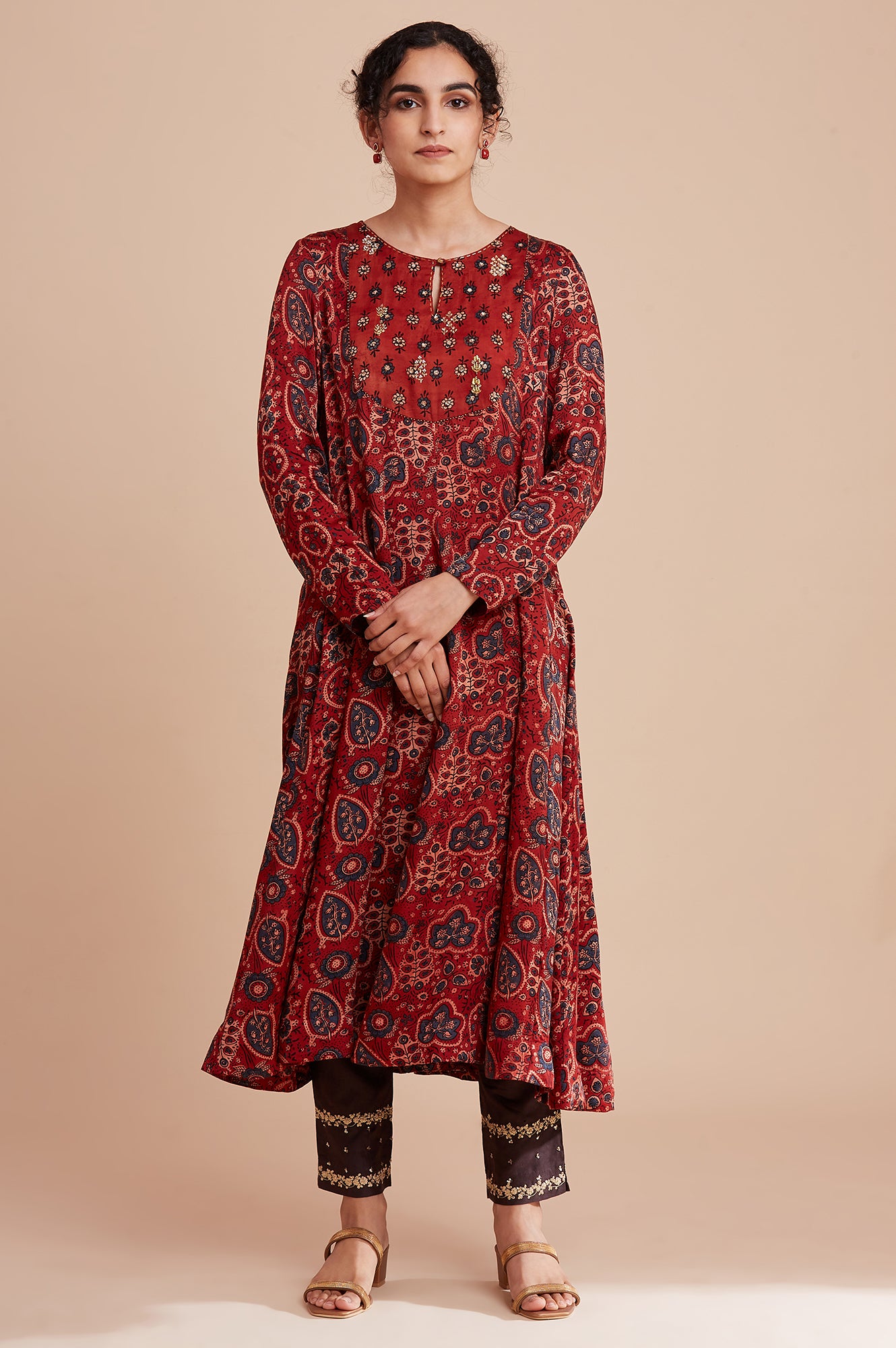 Red Lustrous Panelled kurta In Ajrakh Print