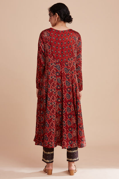 Red Lustrous Panelled kurta In Ajrakh Print