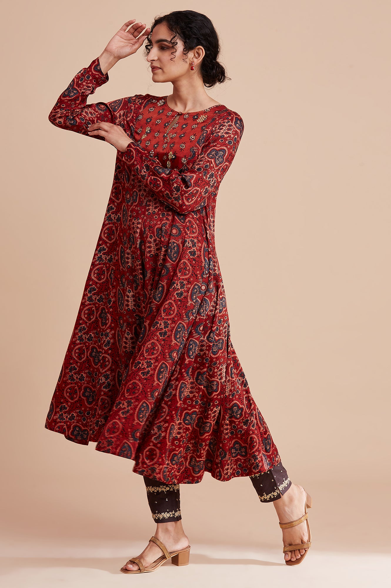 Red Lustrous Panelled kurta In Ajrakh Print