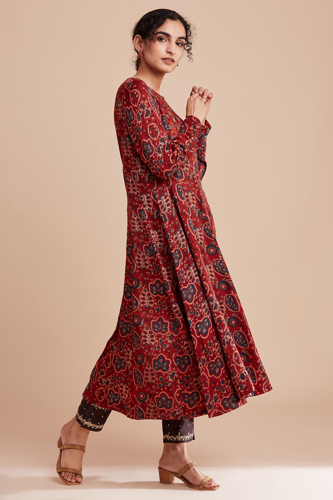 Red Lustrous Panelled kurta In Ajrakh Print