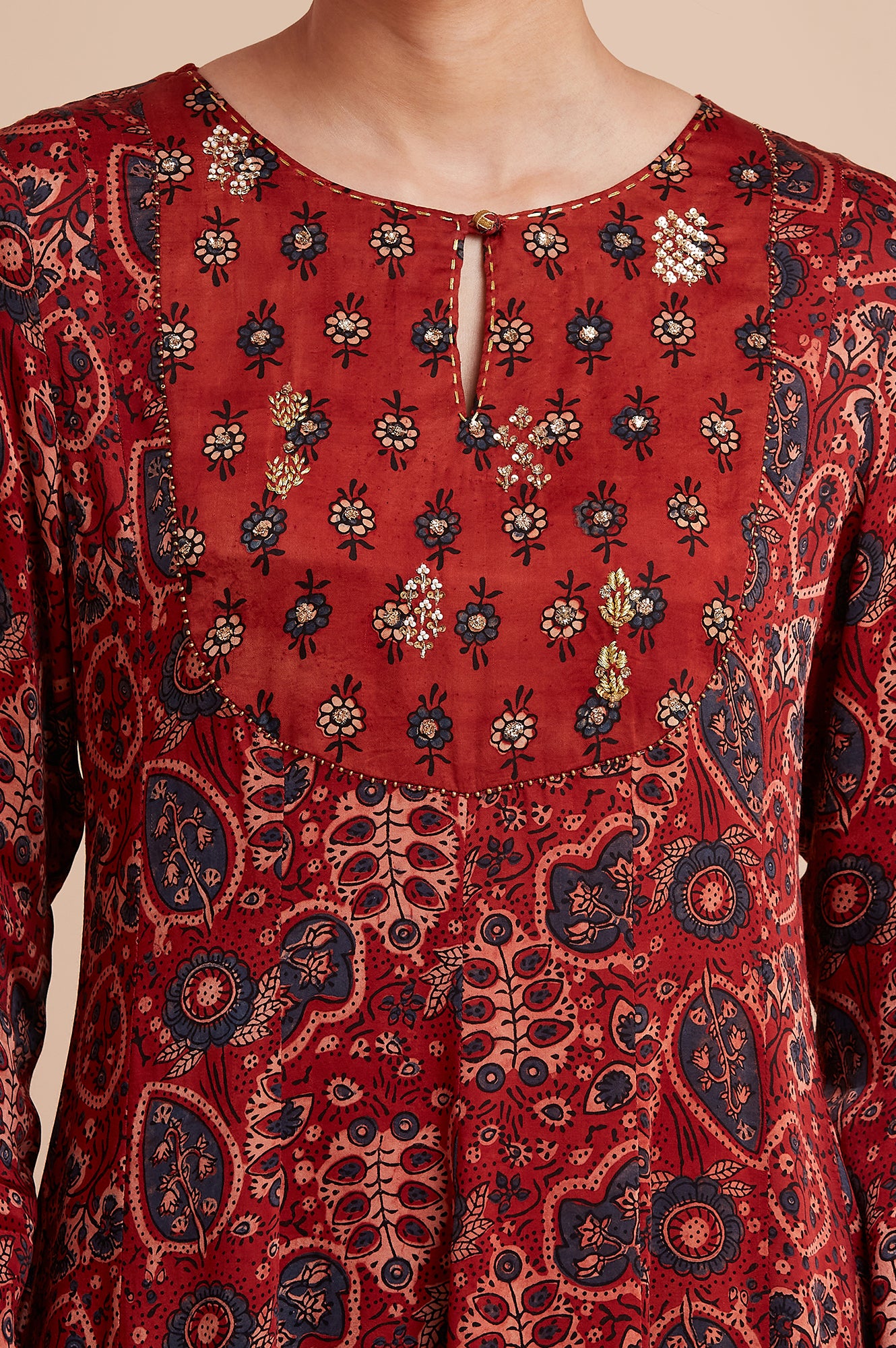 Red Lustrous Panelled kurta In Ajrakh Print