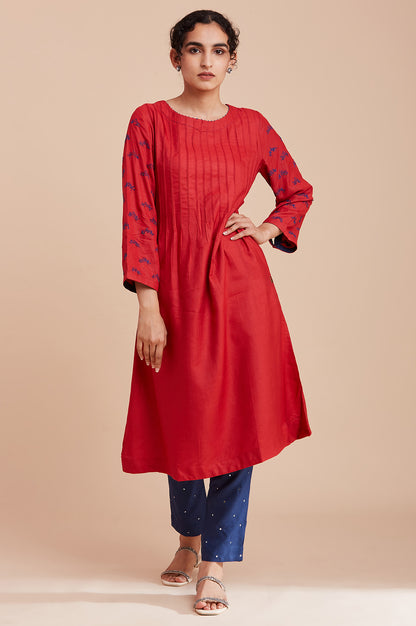 Red Pintuck Dress With Kantha Embroidery