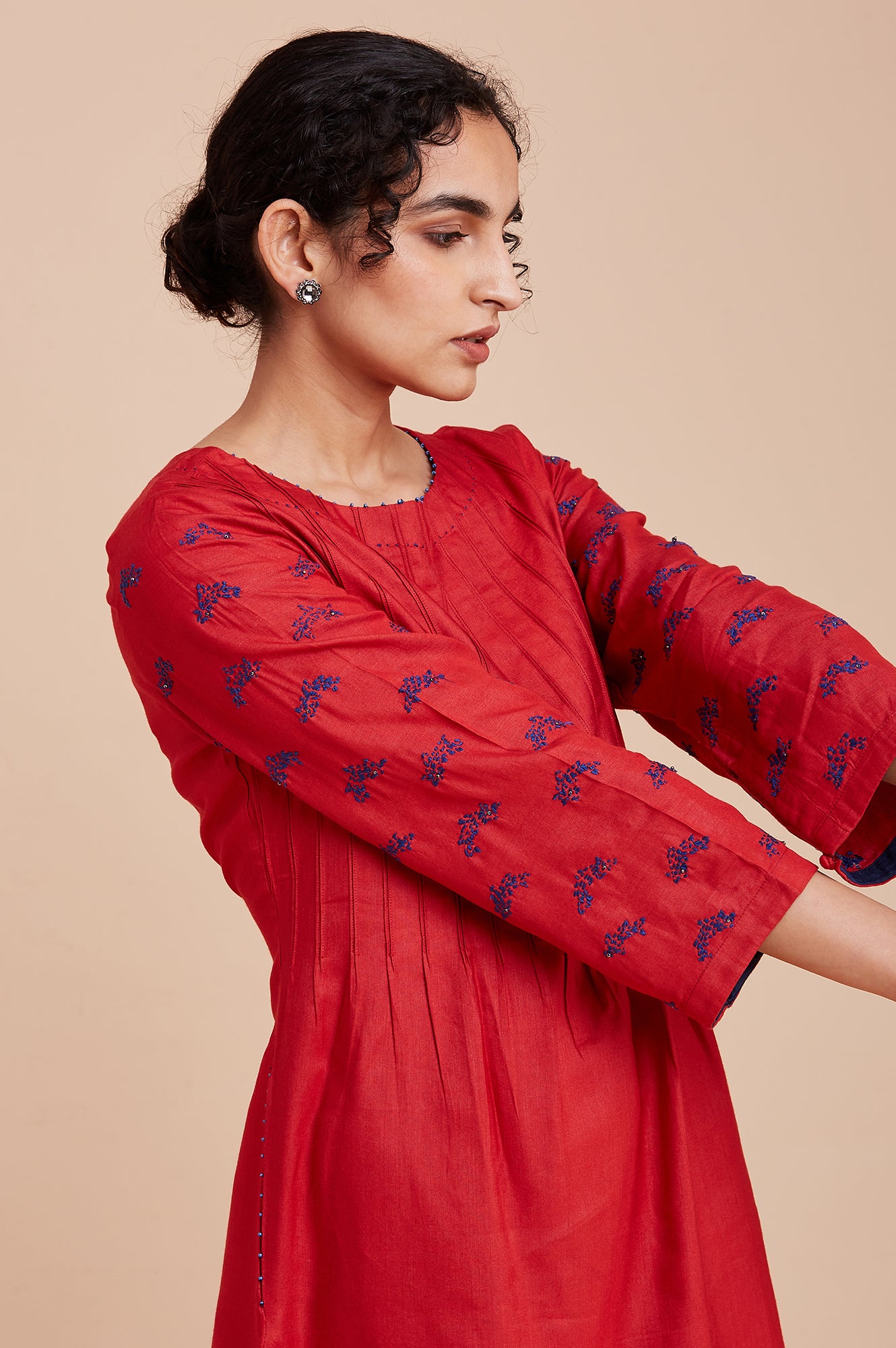 Red Pintuck Dress With Kantha Embroidery