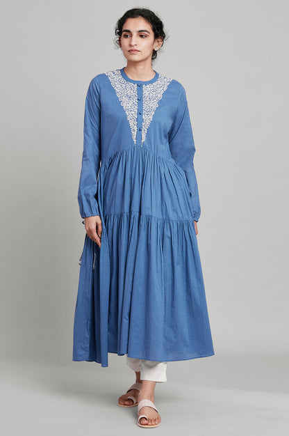 Blue Embroidered Yoke tierd dress