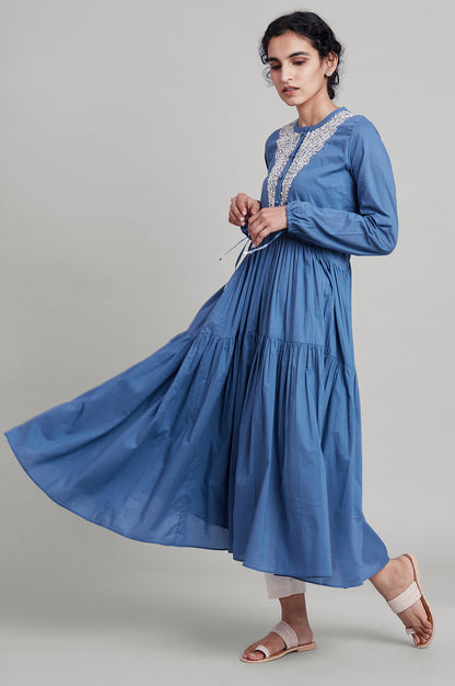 Blue Embroidered Yoke tierd dress