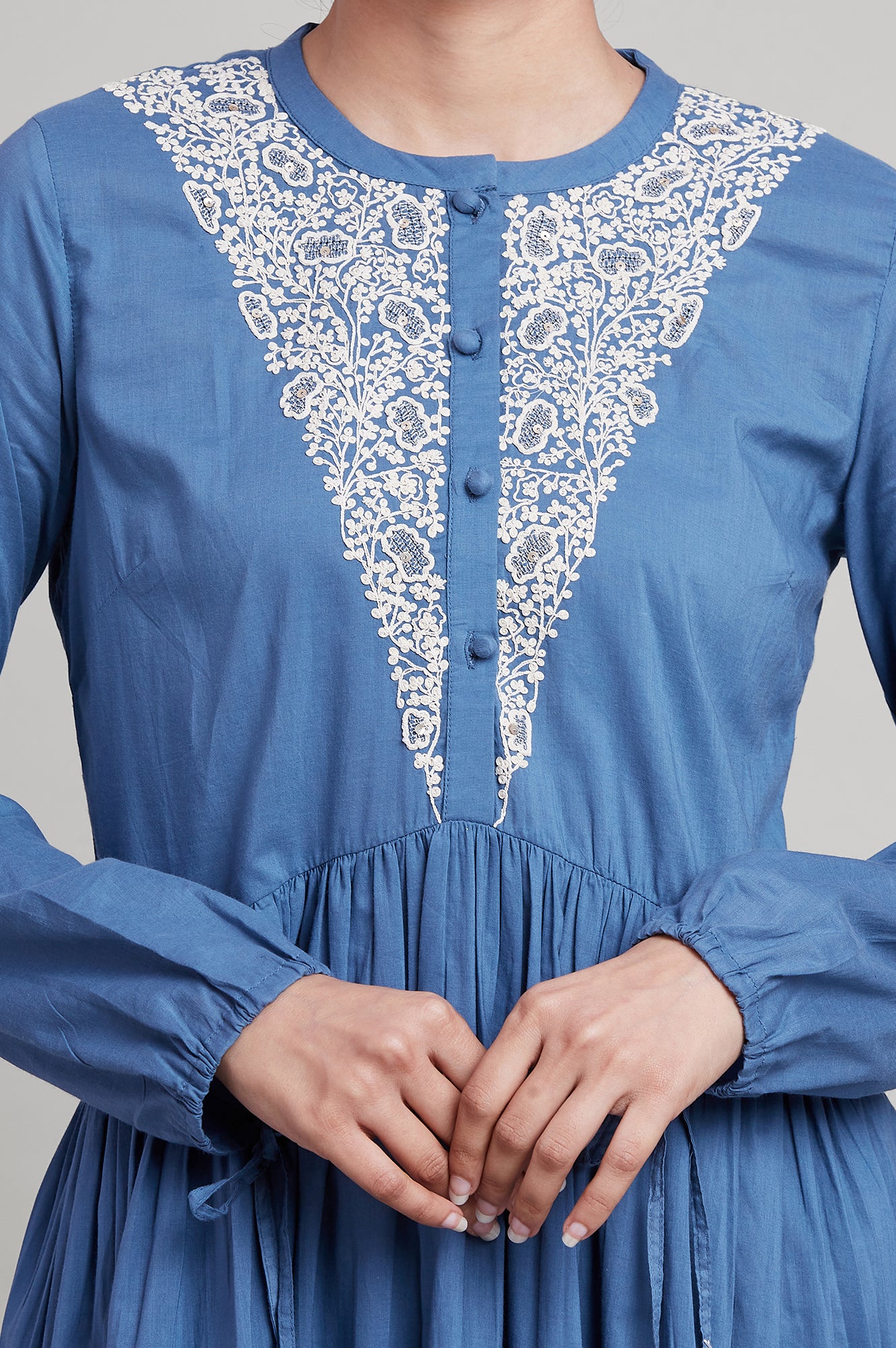 Blue Embroidered Yoke tierd dress