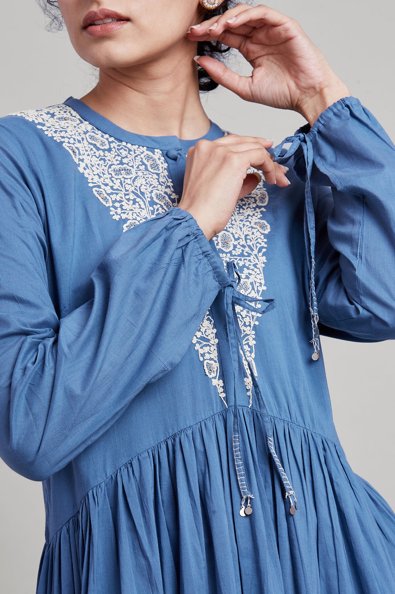 Blue Embroidered Yoke tierd dress