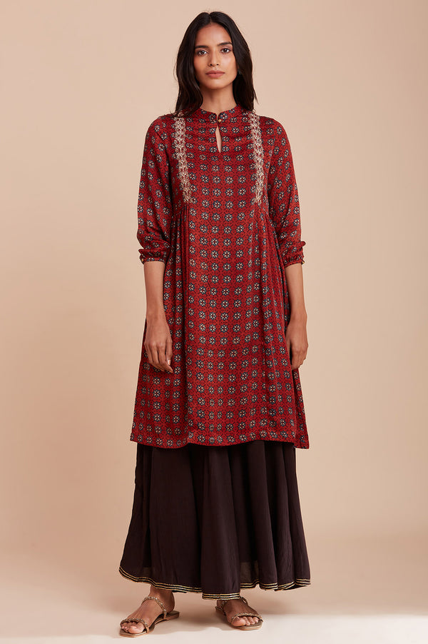 Red Ajrakh Print Dress In Lustrous Satin