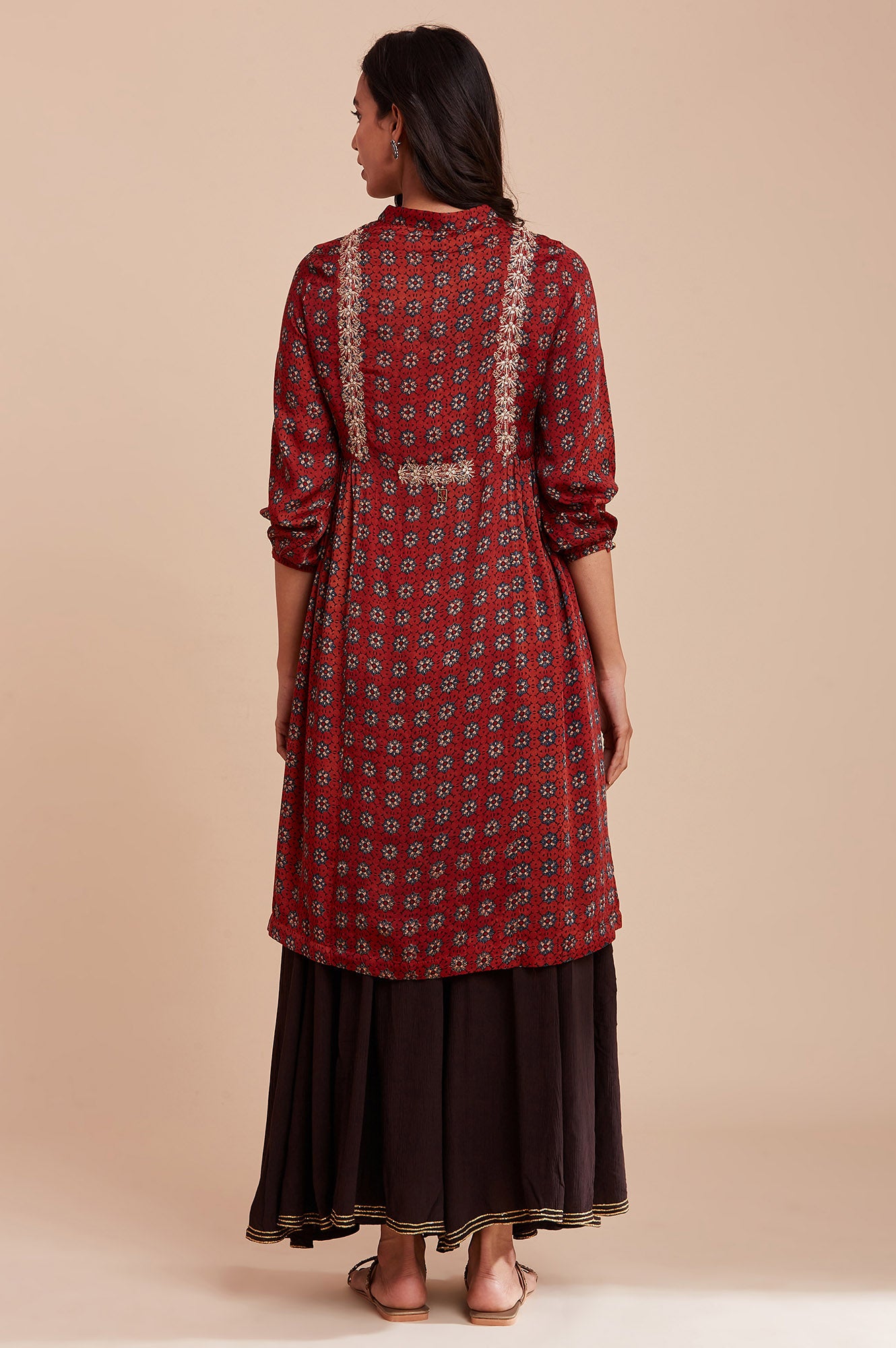 Red Ajrakh Print Dress In Lustrous Satin