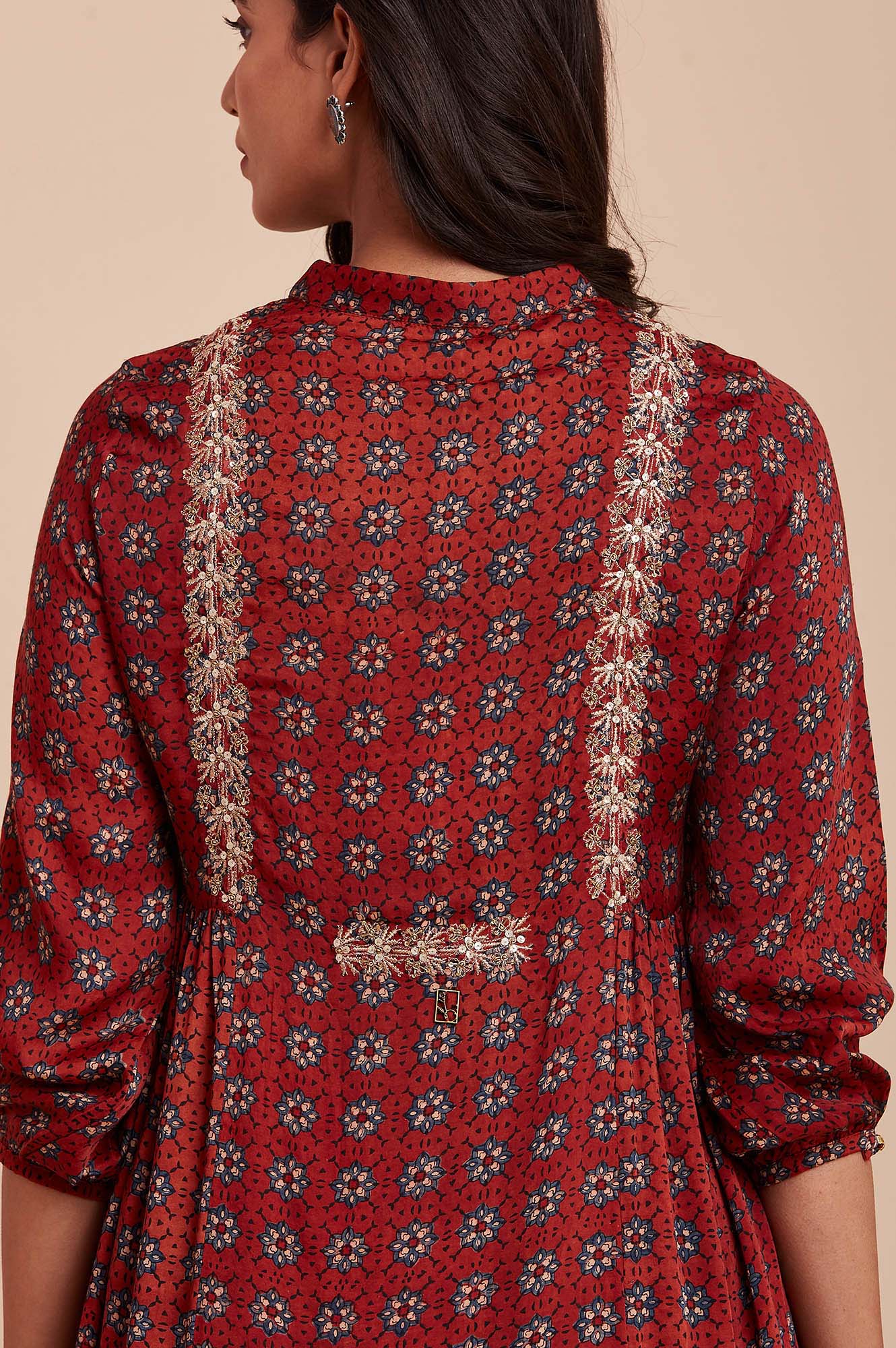 Red Ajrakh Print Dress In Lustrous Satin